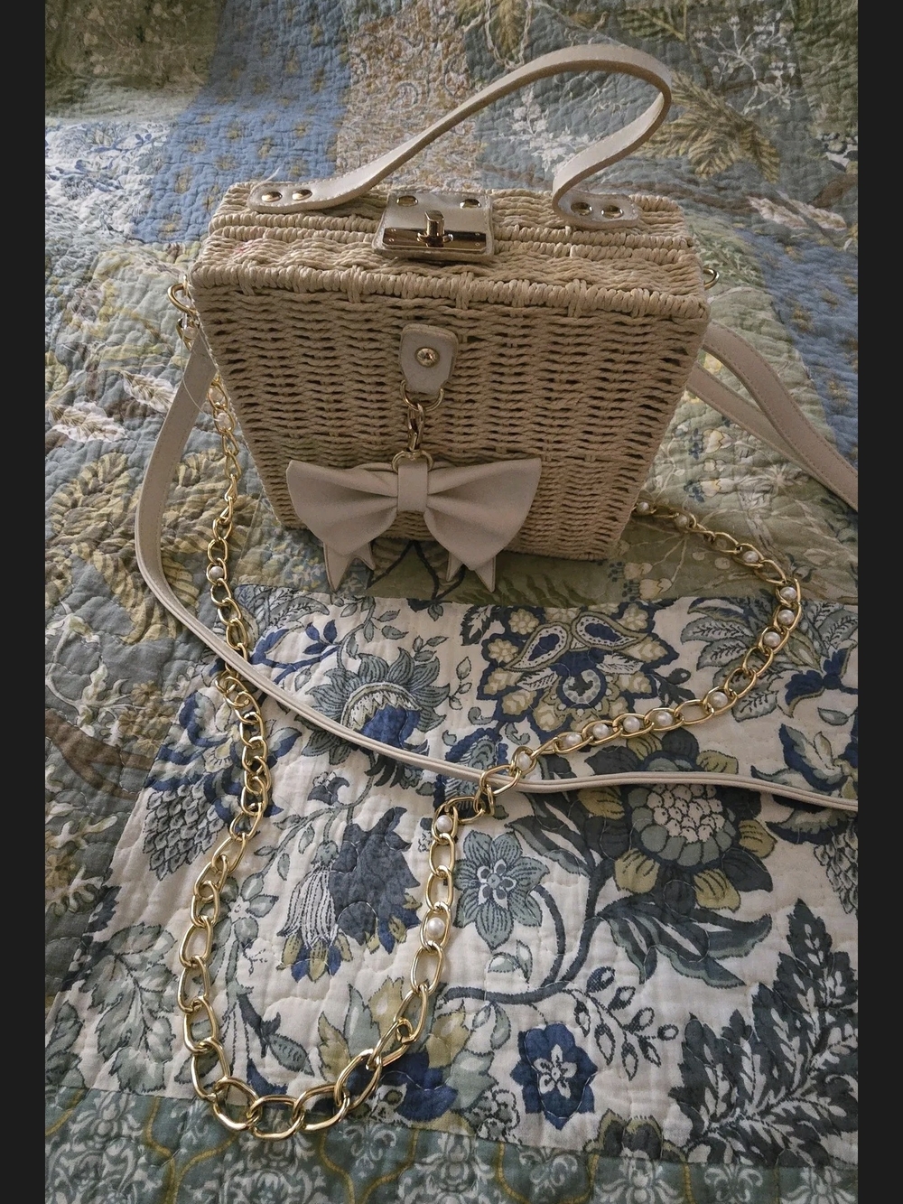 Woven Straw Box Bag with Bow Accent - Beige